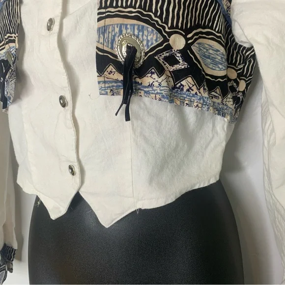 Vintage Roughrider Western Fringe Cropped Button Up Shirt Blue Black Small - Picture 7 of 14